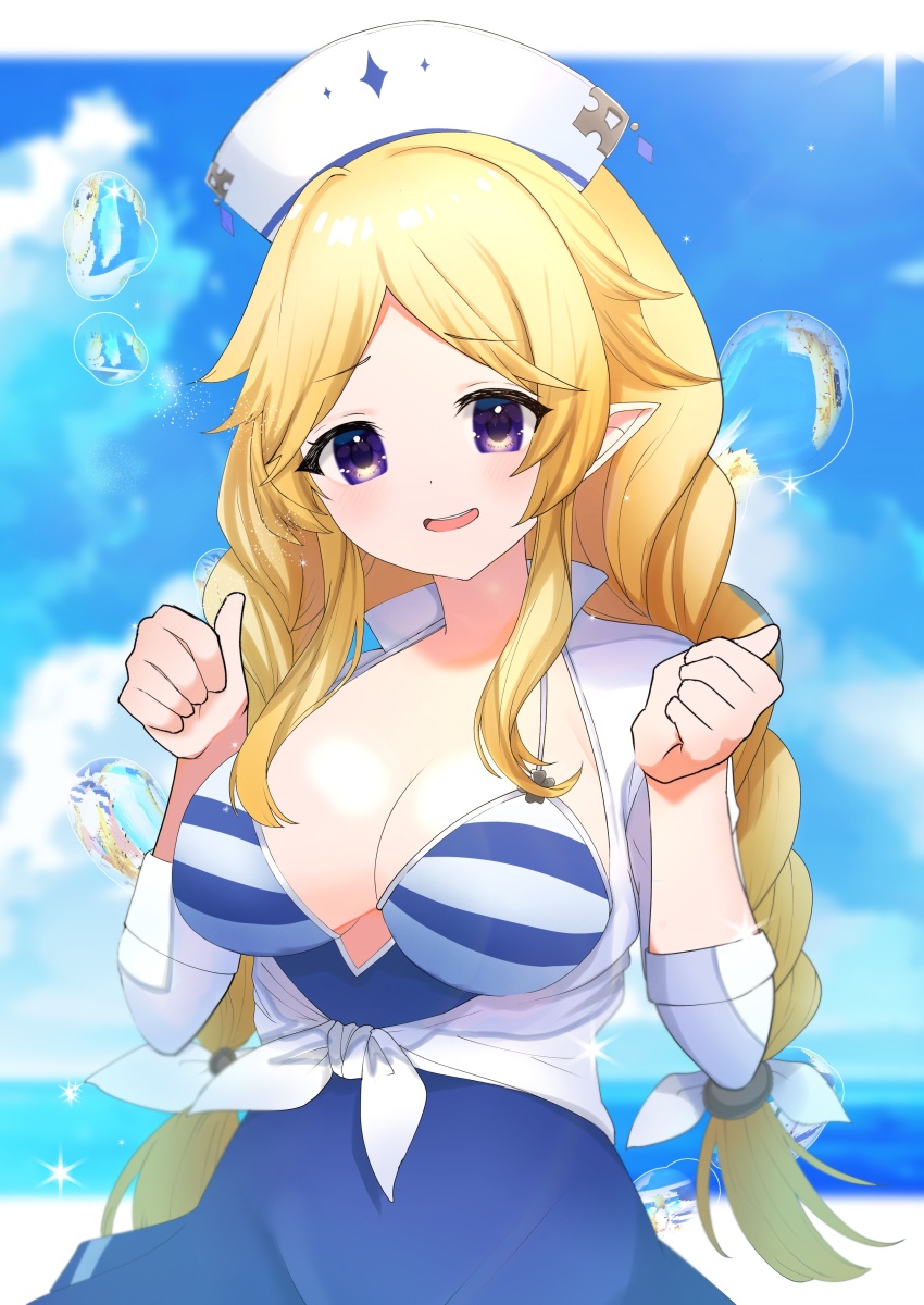 1girl, absurdres, bikini, blonde_hair, breasts, cleavage, commentary_request, elf