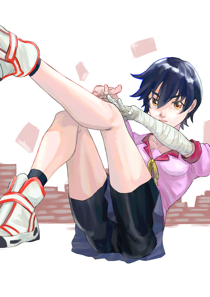 1girl, absurdres, ass, bandaged_arm, bandages, bike_shorts, bike_shorts_under_skirt, black_hair