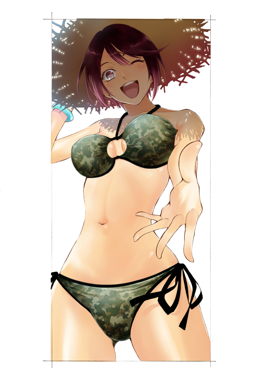 1girl, ;d, absurdres, aoi_fuuka, bare_shoulders, bikini, border, breasts