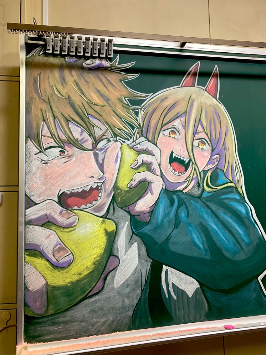 1boy, 1girl, black_necktie, blonde_hair, blue_jacket, chainsaw_man, chalk_(medium), commentary_request