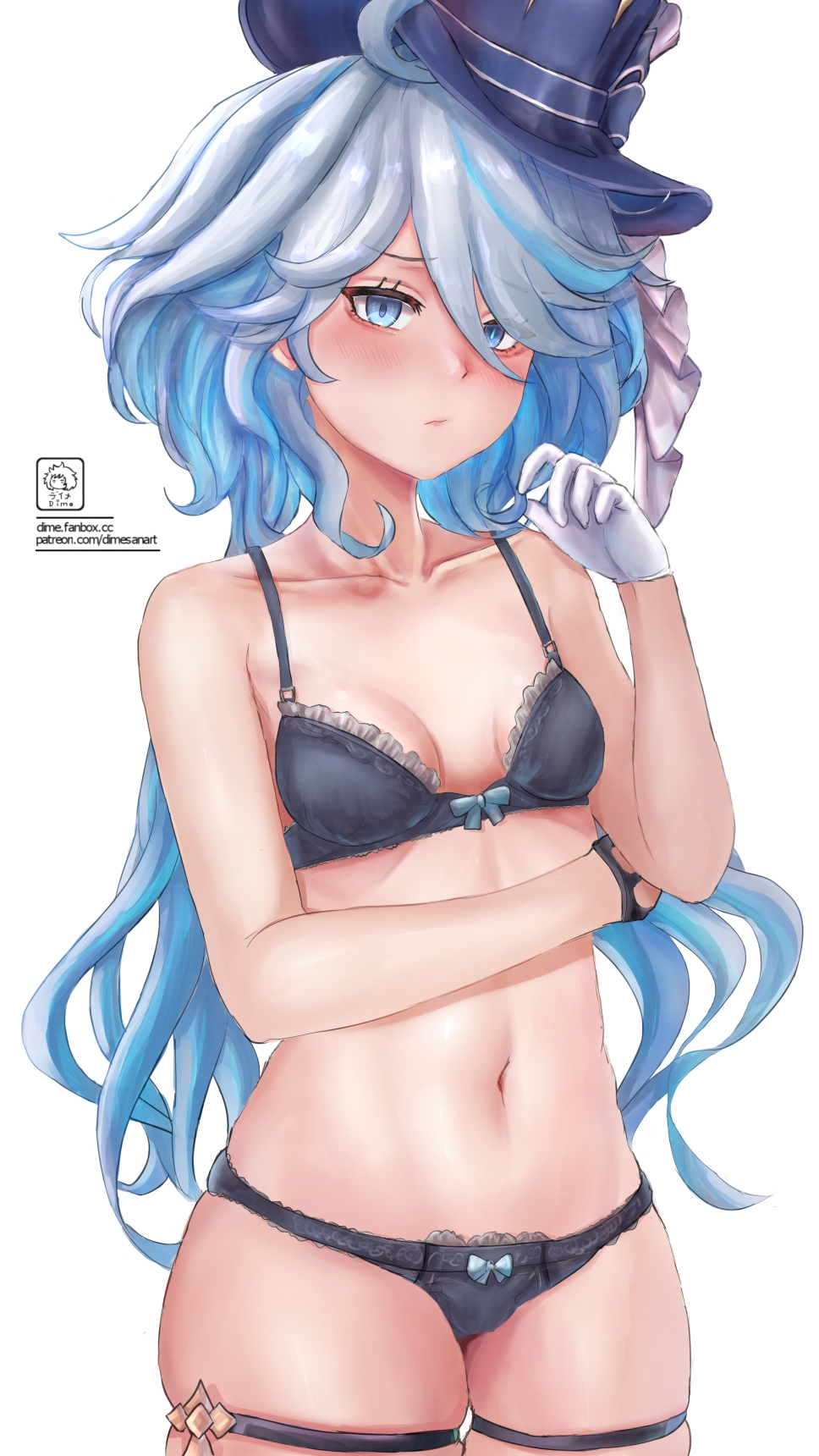 1girl, bags_under_eyes, bare_arms, bare_shoulders, black_bra, black_panties, blue_eyes, blue_hair