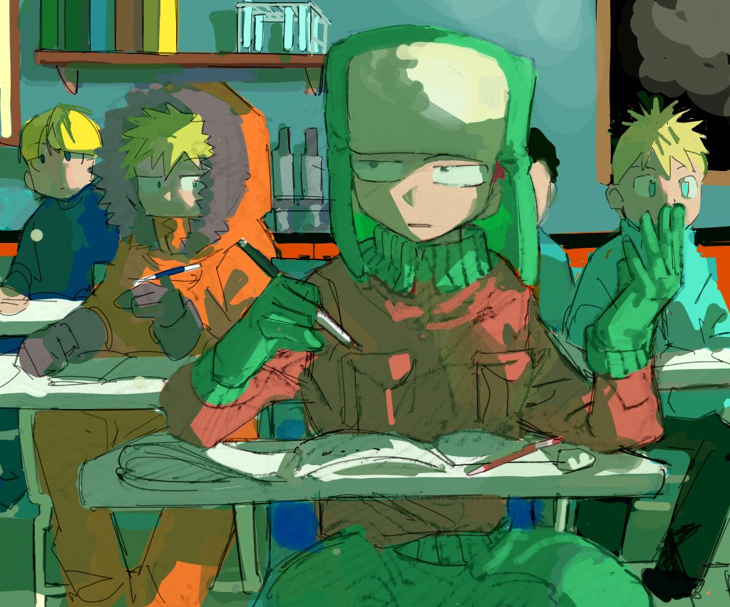 5boys, blonde_hair, blue_eyes, book, book_stack, bookshelf, butters_stotch, chair, character_request, child, classroom, commentary, commentary_request, desk, facing_viewer, fur_hat, gloves, green_gloves, green_headwear, green_pants, hat, hood, hood_up, jacket, kenny_mccormick, kyle_broflovski, male_focus, multiple_boys, on_chair, open_book, orange_jacket, painting_(medium), pants, pen, pure_to_ma, school_desk, sitting, south_park, stan_marsh, traditional_media