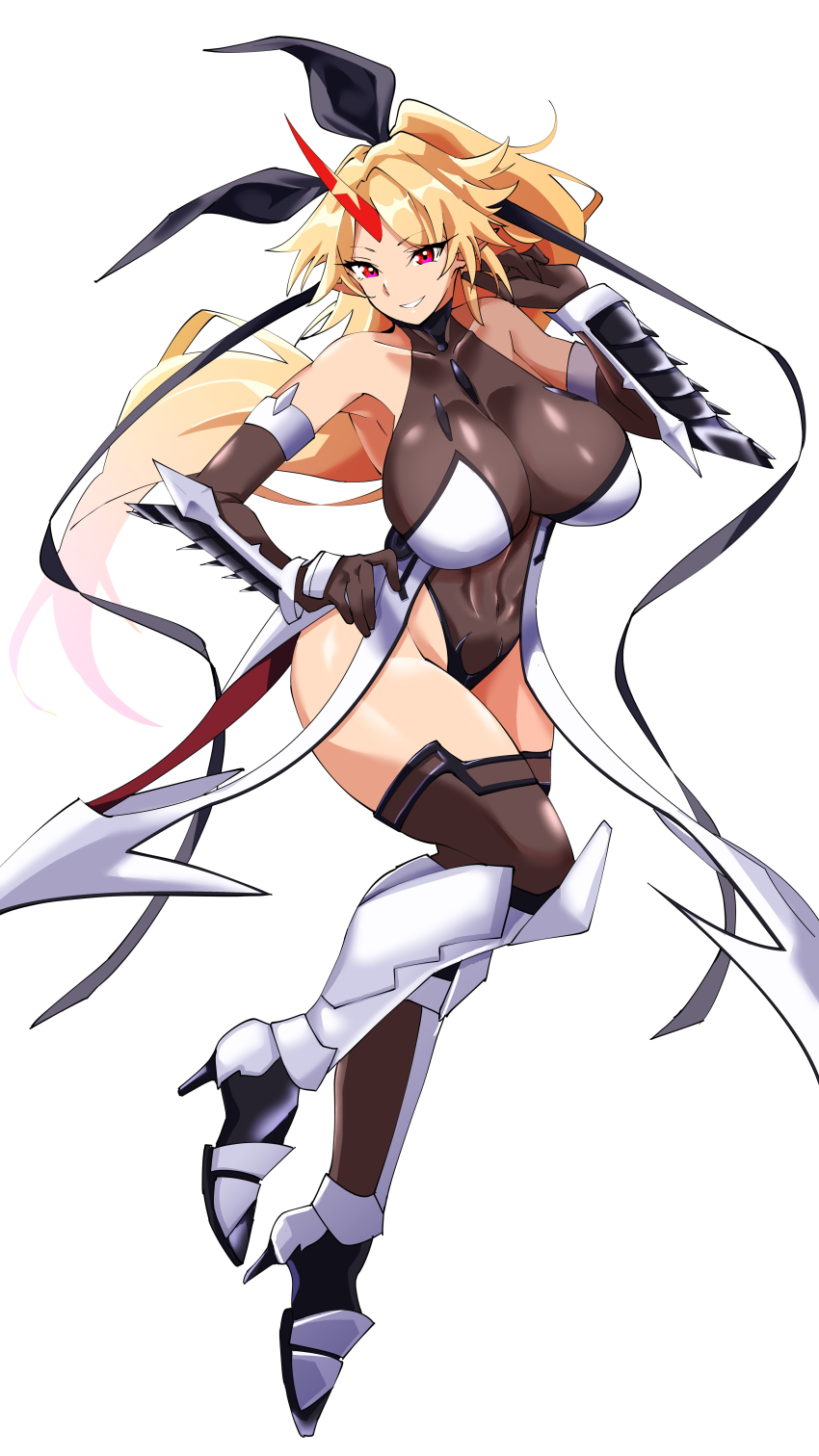 1girl, :d, absurdres, alternate_costume, black_gloves, black_leotard, black_thighhighs, blonde_hair