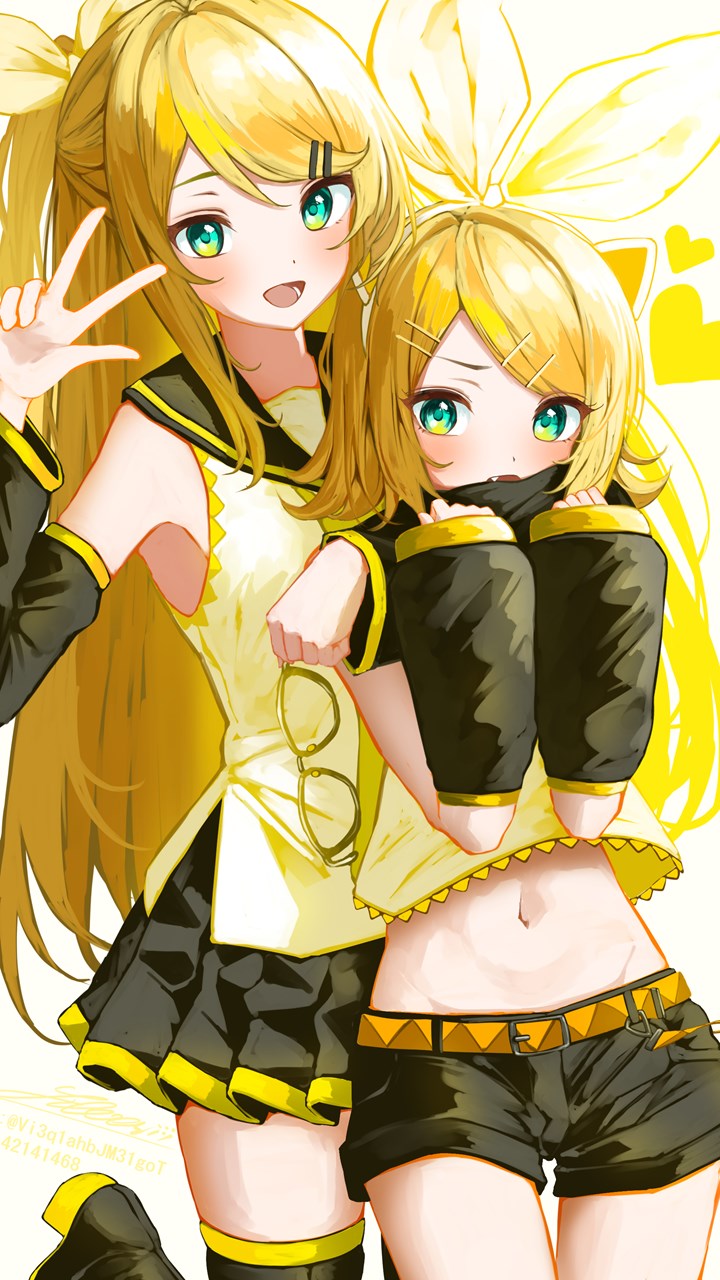 2girls, aged_up, aqua_eyes, arm_around_neck, black_shorts, black_skirt, black_sleeves, black_thighhighs