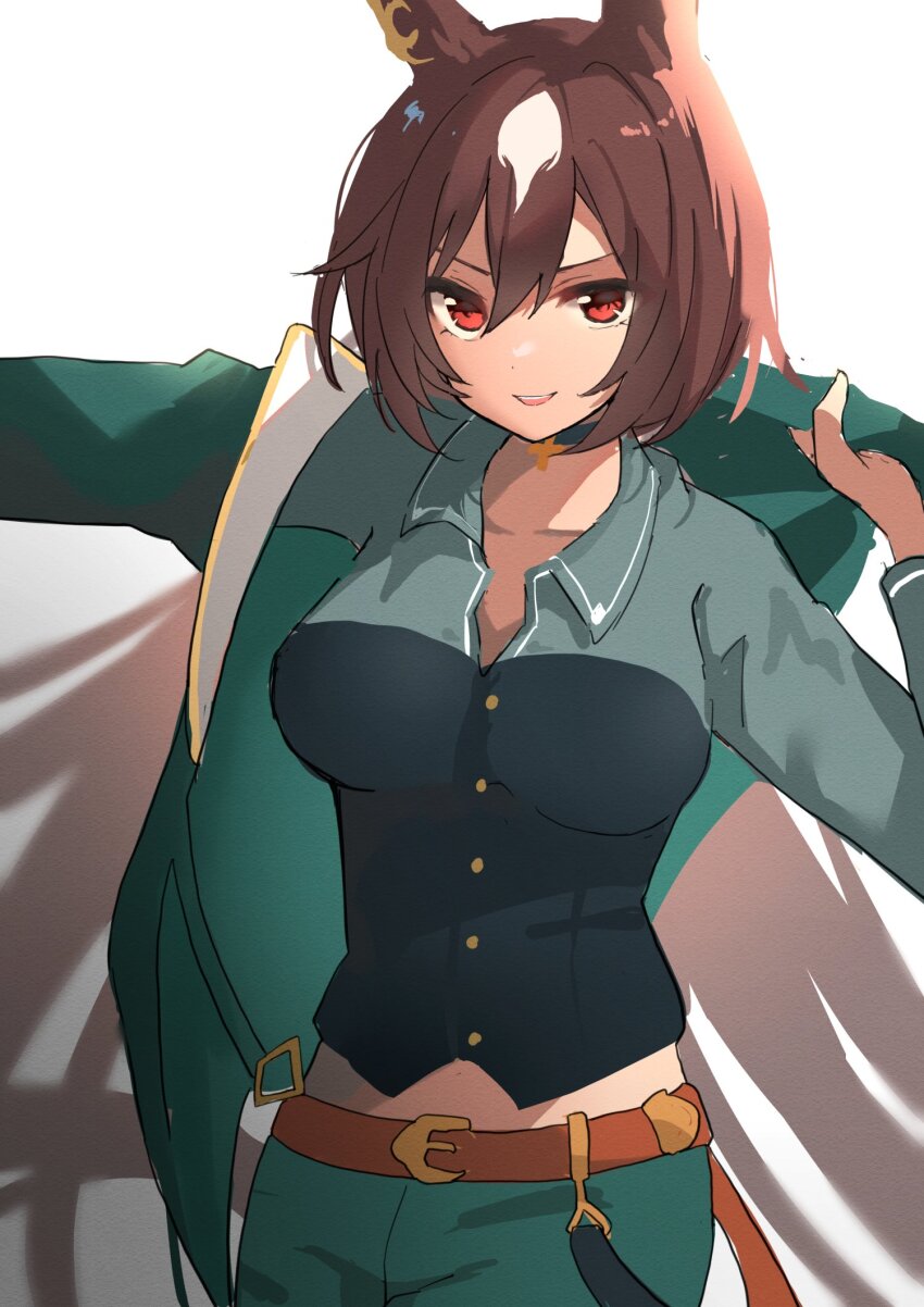 1girl, animal_ears, black_choker, breasts, choker, commentary_request, cowboy_shot, dressing