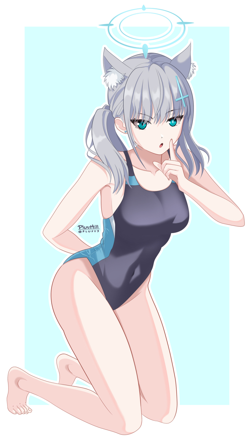 1girl, animal_ear_fluff, animal_ears, black_one-piece_swimsuit, blue_archive, blue_background, blue_eyes, blue_halo
