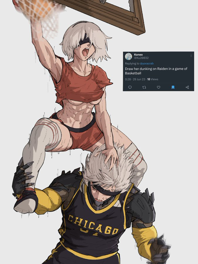 1boy, 1girl, 2b_(nier:automata), abs, android, ball, basketball, basketball_(object)