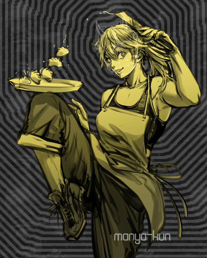 1girl, apron, armpits, artist_name, balancing, commentary, dorohedoro, dumpling, english_commentary, food, greyscale, holding, holding_knife, jiaozi, knife, manya-kun, monochrome, nikaidou_(dorohedoro), ponytail, shoes, smile, sneakers, solo, standing, standing_on_one_leg, tank_top, yellow_theme