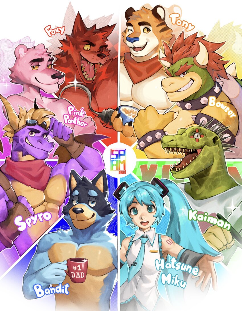 1girl, 6+boys, artist_logo, bandit_heeler, bara, bare_shoulders, blue_hair, bluey, bowser, caiman_(dorohedoro), collared_shirt, color_wheel_challenge, crossover, cup, detached_sleeves, dorohedoro, fangs, five_nights_at_freddy's, foxy_(fnaf), frosted_flakes, furry, furry_male, goggles, goggles_on_head, hatsune_miku, highres, holding, holding_cup, holding_goggles, hook_hand, logo, long_hair, looking_at_viewer, mario_(series), multiple_boys, multiple_crossover, multiple_drawing_challenge, nintendo, number_tattoo, odd_one_out, one_eye_closed, open_mouth, outstretched_hand, shirt, short_twintails, shoulder_tattoo, sleeveless, sleeveless_shirt, smile, spamagotchi, sparkle, spyro_(series), spyro_the_dragon, super_mario_bros._1, tattoo, teeth, the_pink_panther, the_pink_panther_(character), thumbs_up, tony_the_tiger, twintails, upper_teeth_only, very_long_hair, vocaloid