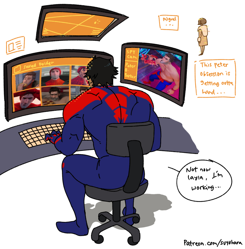 2boys, addiction, at_computer, bara, black_hair, blue_bodysuit, bodysuit, chair, computer, dark-skinned_male, dark_skin, english_text, highres, large_pectorals, lyla_(marvel), male_focus, marvel, miguel_o'hara, multicolored_bodysuit, multiple_boys, muscular, muscular_male, patreon_username, pectorals, peter_b_parker, red_bodysuit, short_hair, sitting, spider-man:_across_the_spider-verse, spider-man_(series), spider-verse, suyohara, two-tone_bodysuit