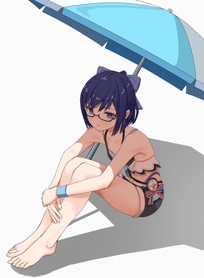 1girl, a-chan_(hololive), absurdres, alternate_costume, bare_legs, bare_shoulders, barefoot, beach_umbrella
