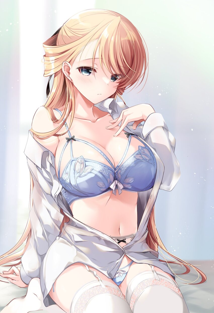 1girl, araragi_ayune, blonde_hair, blue_bra, blue_eyes, bra, breasts, collared_shirt, highres, large_breasts, lingerie, long_hair, open_clothes, open_shirt, original, rinna_milford, shirt, sitting, solo, underwear, white_shirt