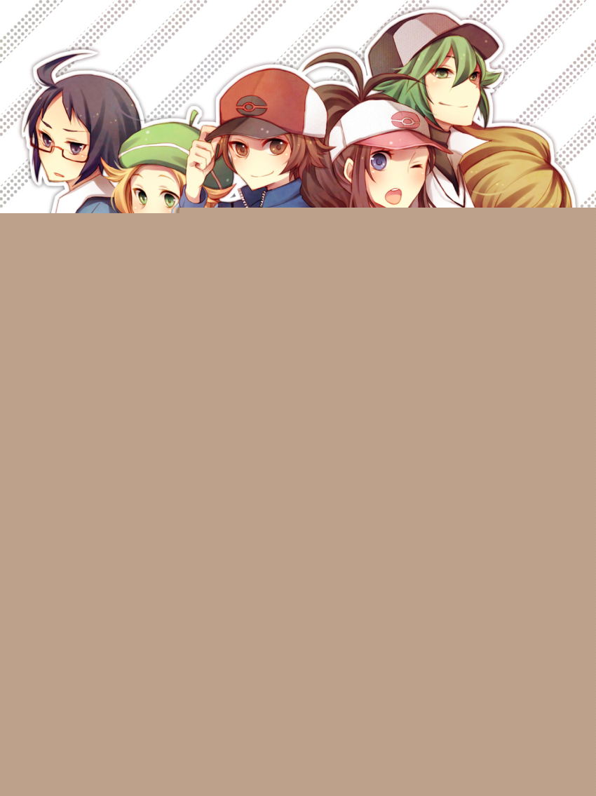 10s, 3boys, 3girls, adjusting_clothes, adjusting_headwear, professor_juniper, bad_id, bad_pixiv_id