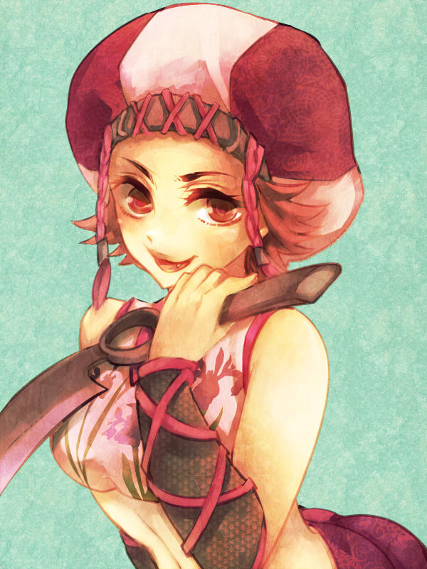 1girl, bare_shoulders, breasts, brown_eyes, brown_hair, dagger, female_focus, hat