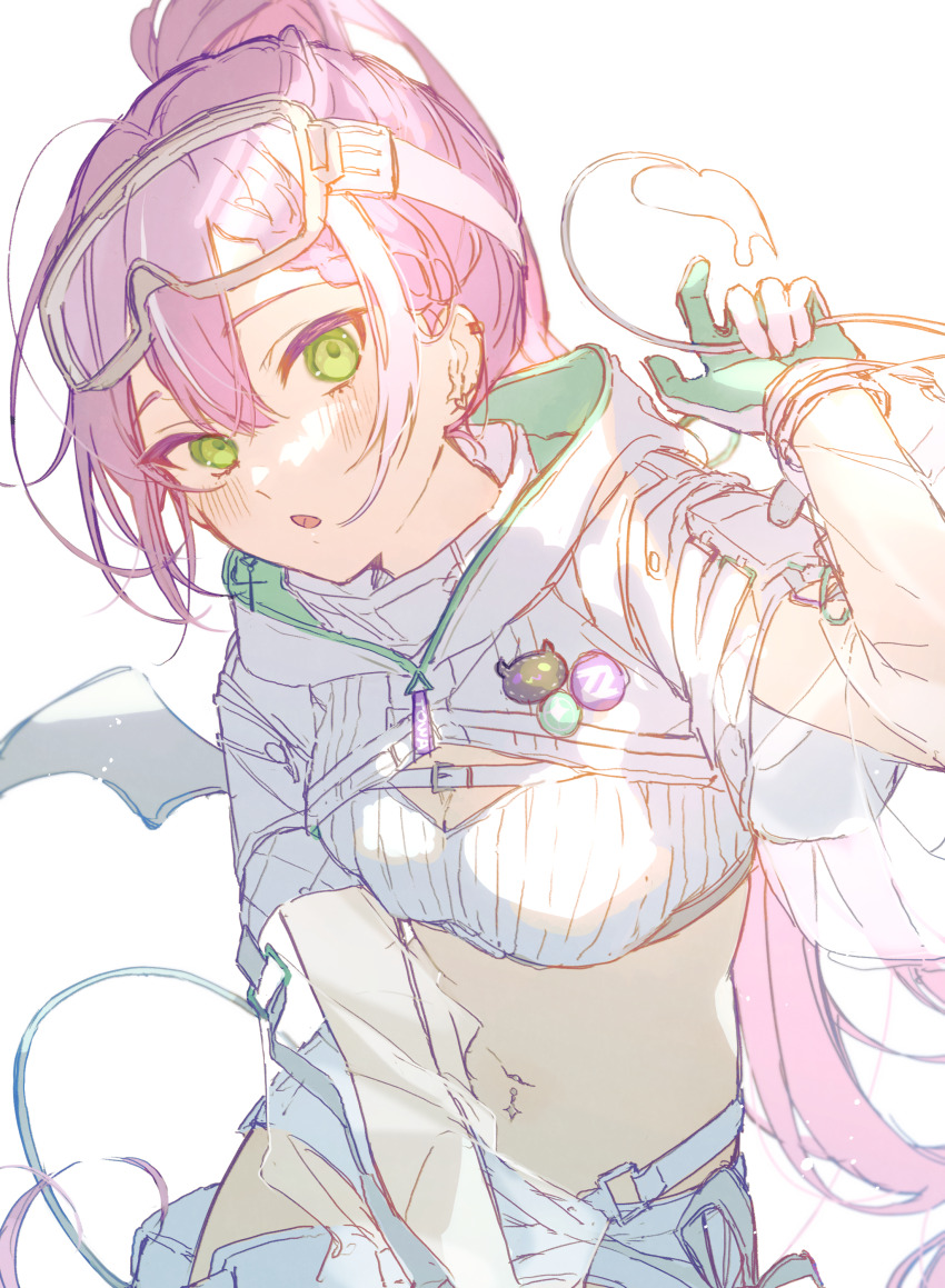 1girl, absurdres, badge, cheese_oho, demon_tail, demon_wings, ear_piercing, gloves