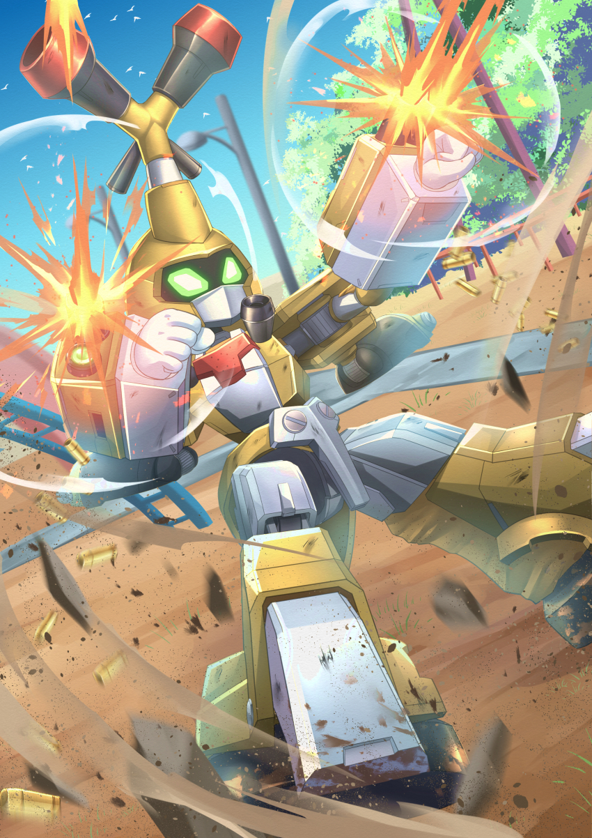 absurdres, arm_cannon, blue_sky, casing_ejection, clear_sky, clenched_hands, commentary, day, debris, dirt, dust_cloud, firing, glowing, glowing_eyes, green_eyes, highres, humanoid_robot, lamppost, mecha, medarot, medarot_3, metabee, motion_blur, muzzle_flash, no_humans, outdoors, outstretched_arms, park, robot, saikachis, science_fiction, shell_casing, simple_bird, sky, solo, tree, troy_(oxaa01ex), weapon