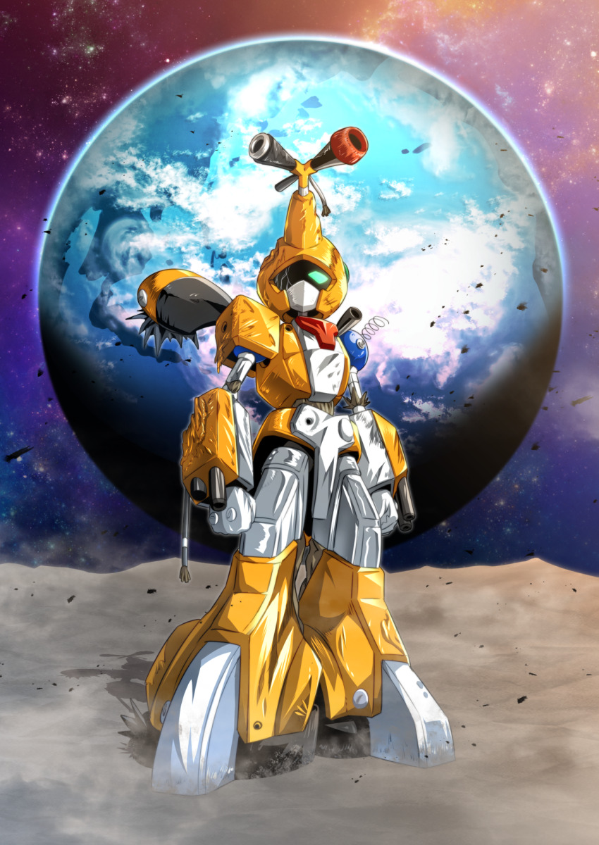 arm_cannon, arms_at_sides, cable, commentary_request, crack, cracked_glass, damaged, earth_(planet), floating_rock, full_body, green_eyes, highres, humanoid_robot, looking_at_viewer, mecha, medarot, medarot_3, metabee, no_humans, nomayo, one-eyed, planet, robot, saikachis, science_fiction, solo, space, spring_(object), standing, star_(sky), weapon