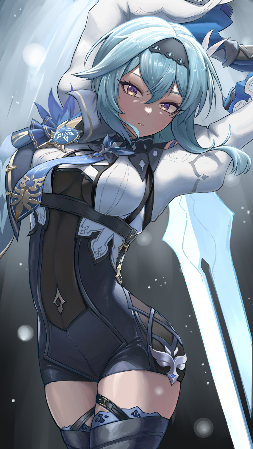 1girl, absurdres, arms_up, black_hairband, black_shorts, black_thighhighs, blue_hair, breasts