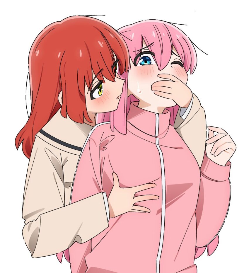 2girls, blouse, blue_eyes, blush, bocchi_the_rock!, breasts, brown_sailor_collar, brown_shirt