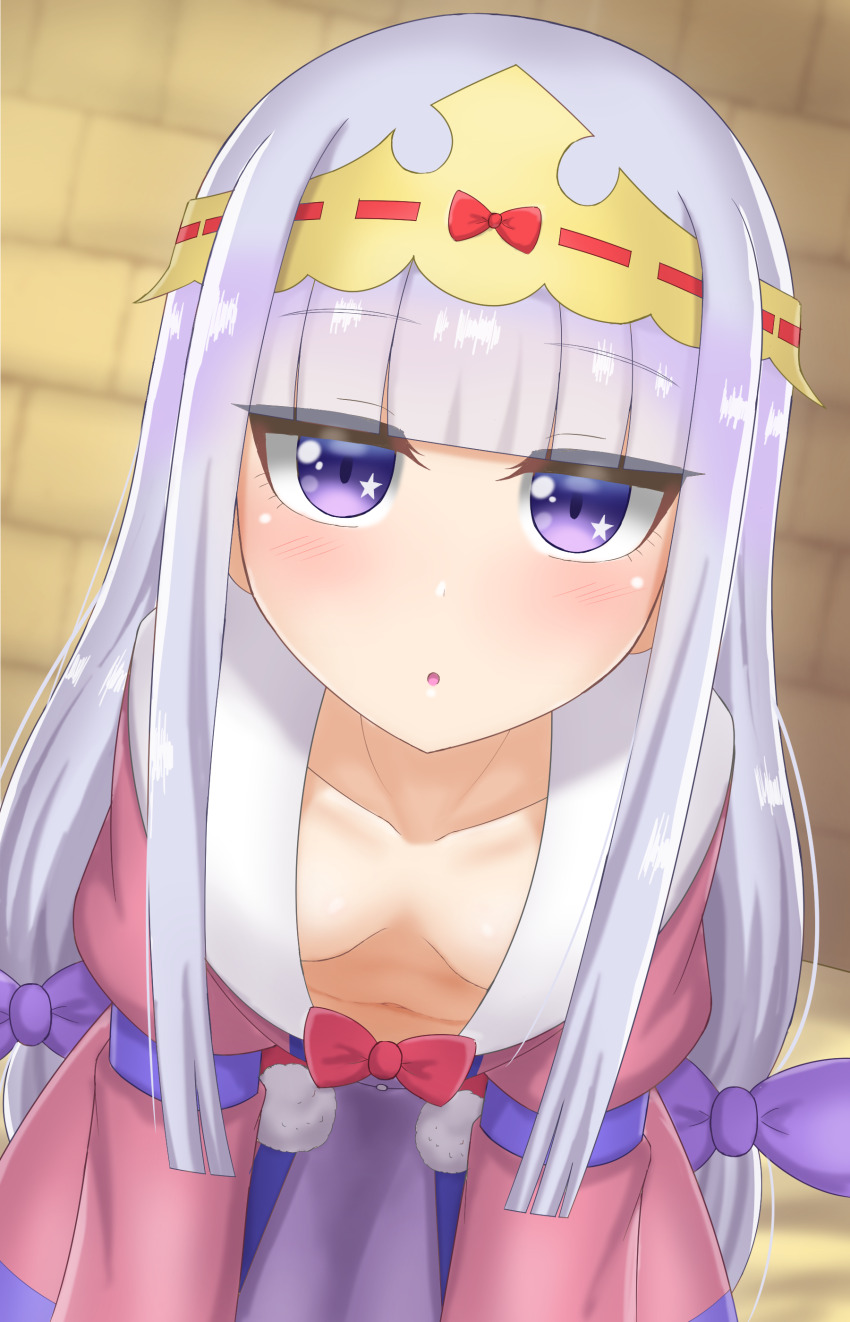 1girl, :o, absurdres, aurora_sya_lis_kaymin, blunt_bangs, blush, bow, breasts, brick_wall, collarbone, downblouse, dress, extended_downblouse, hair_bow, headband, highres, katsuragi_b_k, light_purple_hair, long_hair, looking_at_viewer, maou-jou_de_oyasumi, navel, no_bra, open_mouth, parted_lips, pink_dress, puffy_sleeves, purple_bow, purple_eyes, red_bow, small_breasts, solo, star_(symbol), tiara, very_long_hair