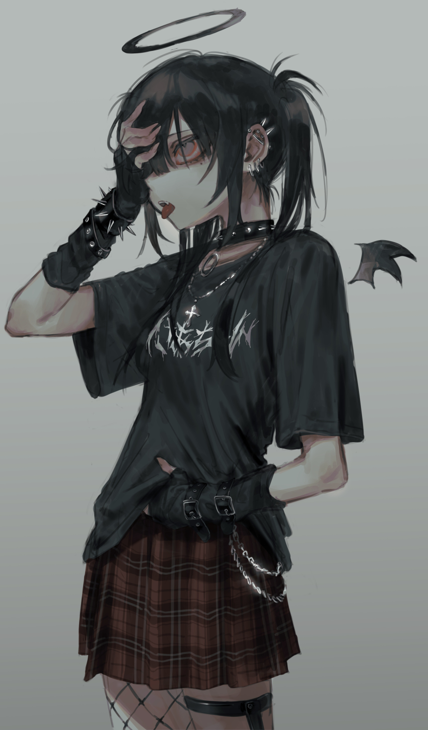 1girl, absurdres, asymmetrical_legwear, black_choker, black_gloves, black_hair, black_halo, black_shirt