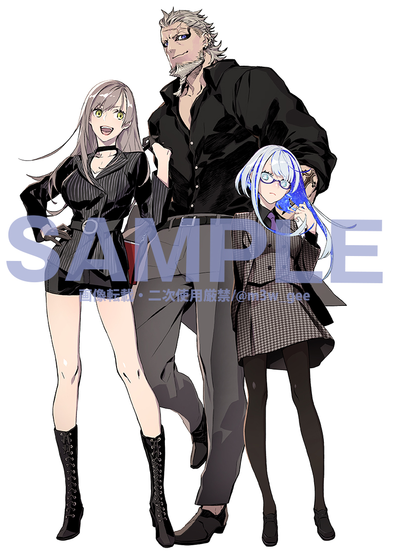 aslaug_(fate), black_footwear, blue_eyes, breasts, cross_scar, fate:lost_einherjar, fate_(series), glasses