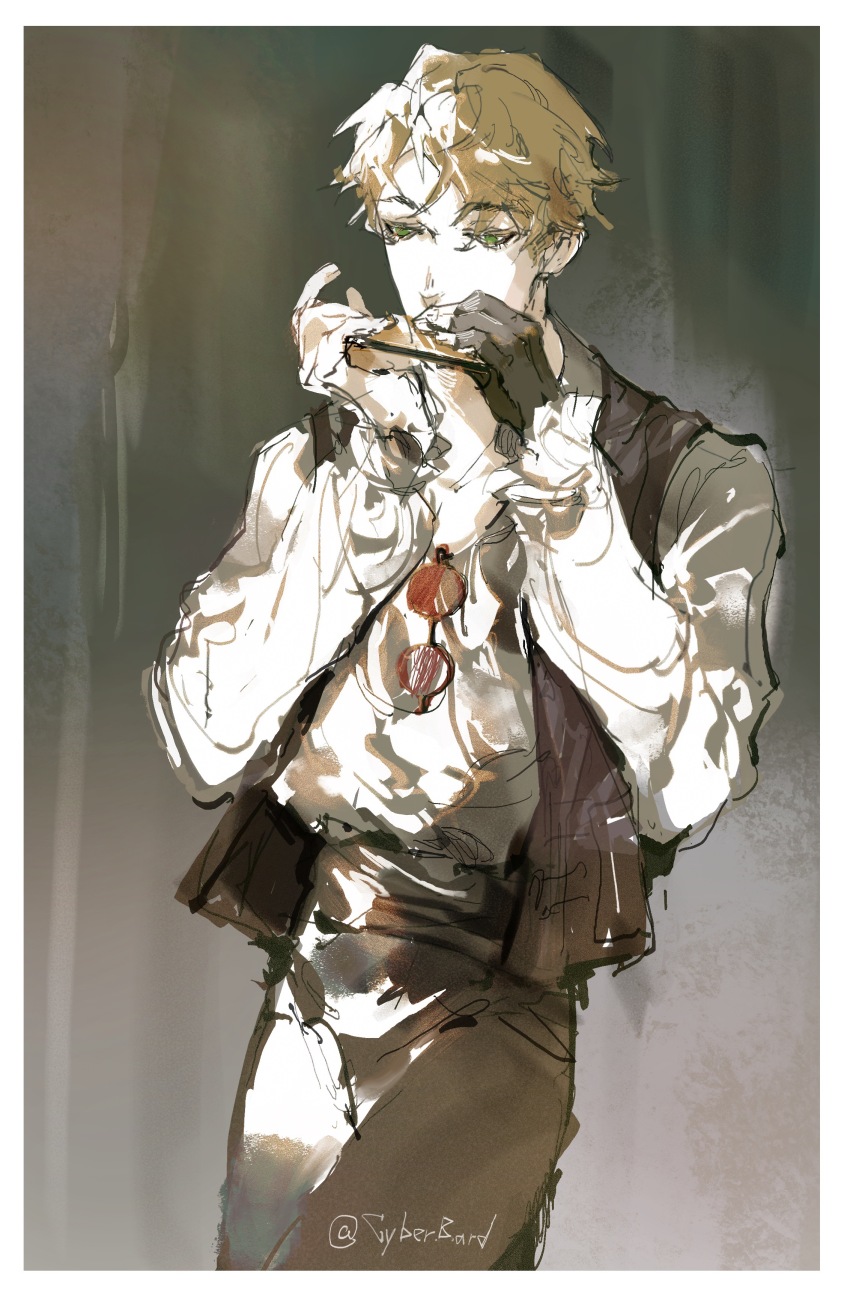 1boy, abstract_background, absurdres, anderson_hood, blonde_hair, brown_pants, brown_vest, glasses, green_eyes, harmonica, highres, instrument, lord_of_the_mysteries, male_focus, music, pants, playing_instrument, saiboyinyoushiren20, shirt, short_hair, signature, solo, vest, white_shirt