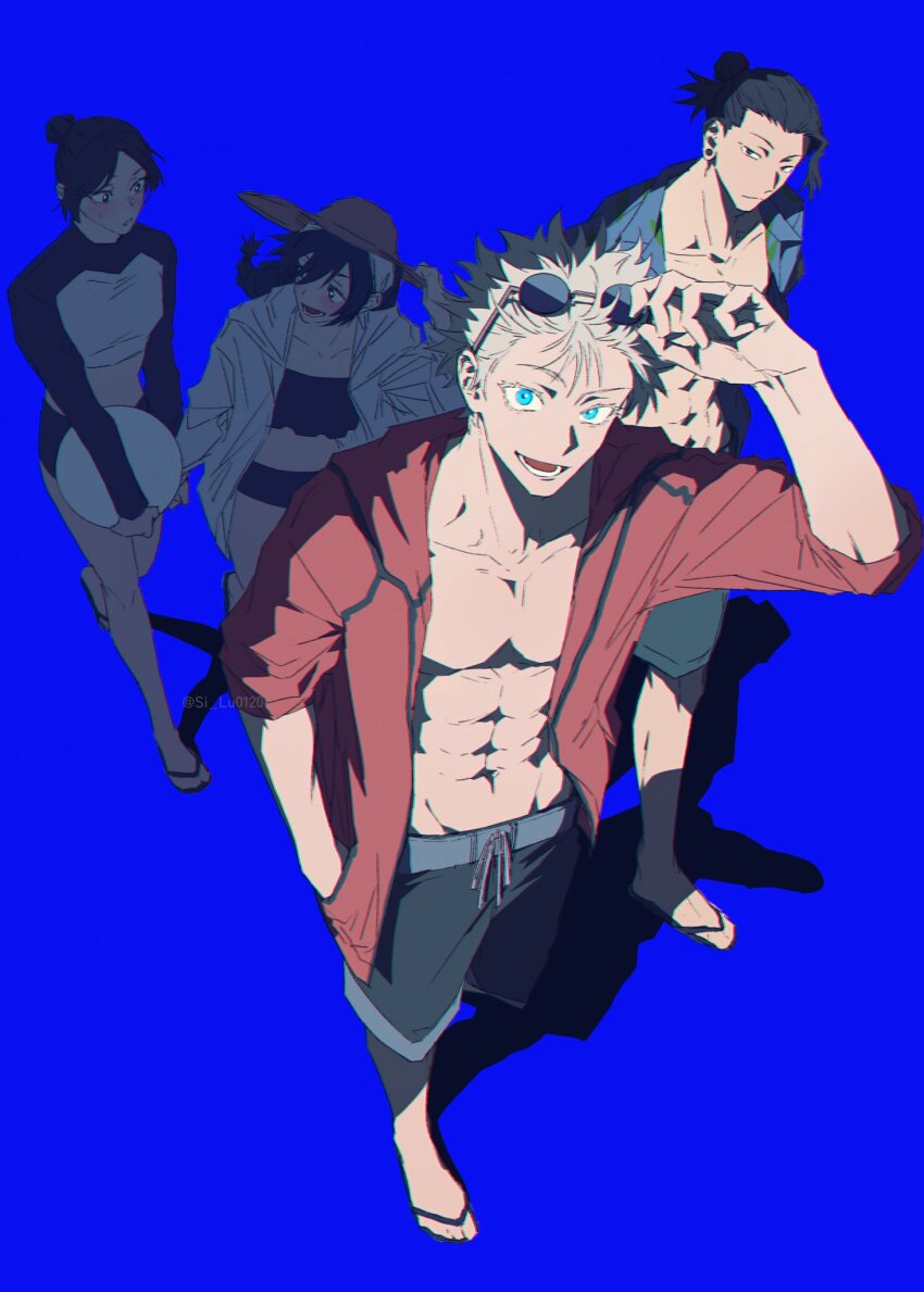 2boys, 2girls, abs, amanai_riko, arm_up, ball, bikini, black_bikini