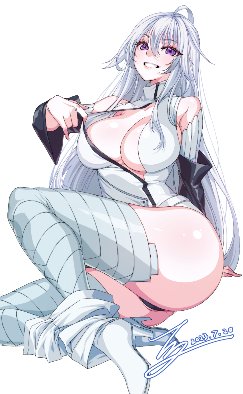 1girl, ahoge, ass, breasts, clothes_pull, commission, commissioner_upload, detached_sleeves, douluo_dalu, full_body, gu_yuena, high_heels, highres, large_breasts, long_hair, non-web_source, panties, pants, pants_pull, partially_undressed, pixiv_commission, purple_eyes, rantia, smile, solo, teeth, thighhighs, underwear, white_background, white_hair, white_thighhighs