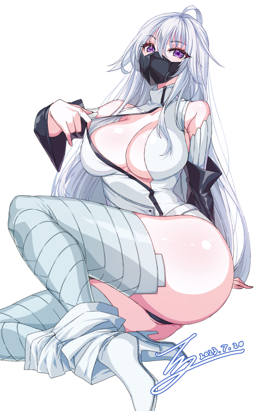 1girl, ahoge, ass, breasts, clothes_pull, commission, commissioner_upload, detached_sleeves, douluo_dalu, full_body, gu_yuena, high_heels, highres, large_breasts, long_hair, mask, non-web_source, panties, pants, pants_pull, partially_undressed, pixiv_commission, purple_eyes, rantia, solo, thighhighs, underwear, white_background, white_hair, white_thighhighs