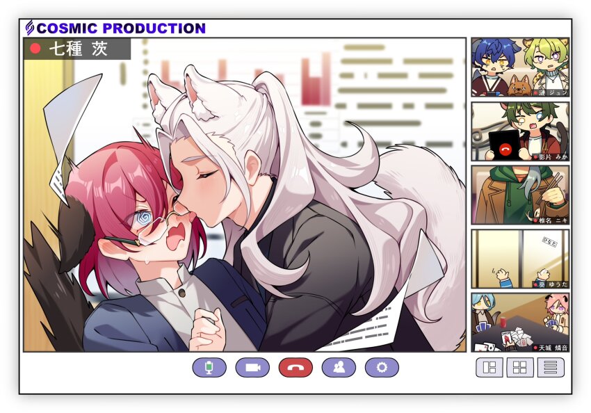 6+boys, animal_ears, aoi_hinata, aoi_yuta, blue_eyes, blue_jacket, blush, brown_eyes, cat_boy, cat_ears, cat_tail, character_name, chibi, daya_kro, ensemble_stars!, fang, grey_hair, grey_shirt, highres, himeru_(ensemble_stars!), jacket, kagehira_mika, long_sleeves, male_focus, multiple_boys, one_eye_closed, oukawa_kohaku, paper, pink_hair, ran_nagisa, saegusa_ibara, sazanami_jun, shiina_niki, shirt, short_hair, tail, tomoe_hiyori, video_call, yaoi