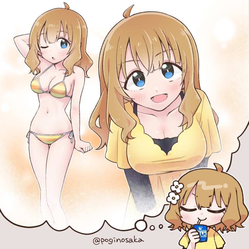 aged_up, ahoge, arms_behind_head, bikini, blue_eyes, blush, breasts, cleavage, clenched_hand, closed_eyes, collarbone, commentary_request, drinking_straw, drinking_straw_in_mouth, flower, from_above, hair_flower, hair_ornament, highres, holding, idolmaster, idolmaster_million_live!, imagining, large_breasts, legs, long_hair, looking_at_viewer, milk, multiple_views, navel, open_mouth, orange_background, pogii, shirt, short_hair, short_sleeves, side-tie_bikini_bottom, sidelocks, smile, speech_bubble, stomach, striped_bikini, striped_clothes, suou_momoko, swimsuit, thighs, thought_bubble, twitter_username, v-shaped_eyebrows, wavy_hair, yellow_bikini, yellow_shirt