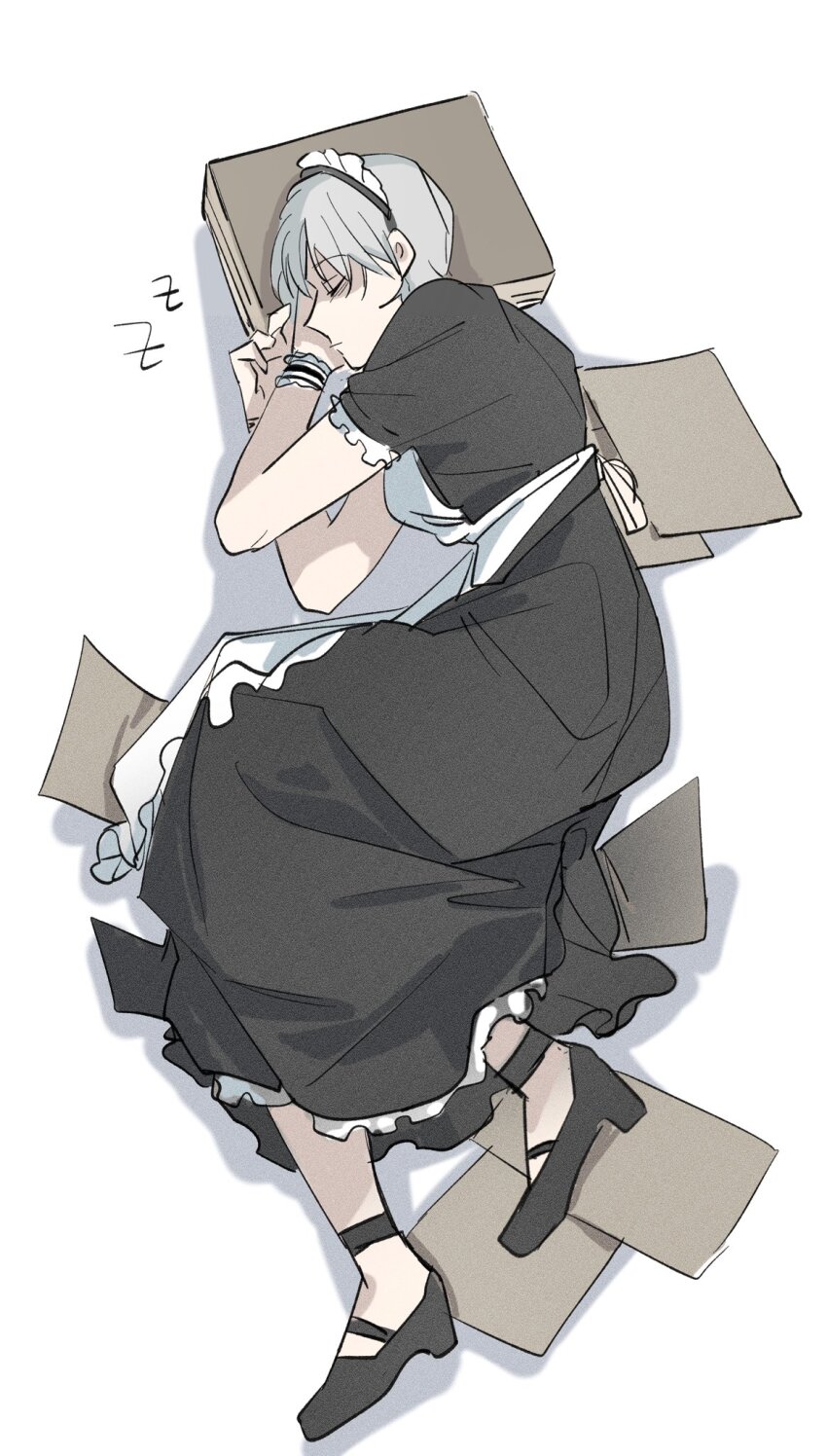 1boy, alternate_costume, apron, black_dress, black_footwear, character_request, closed_eyes, closed_mouth
