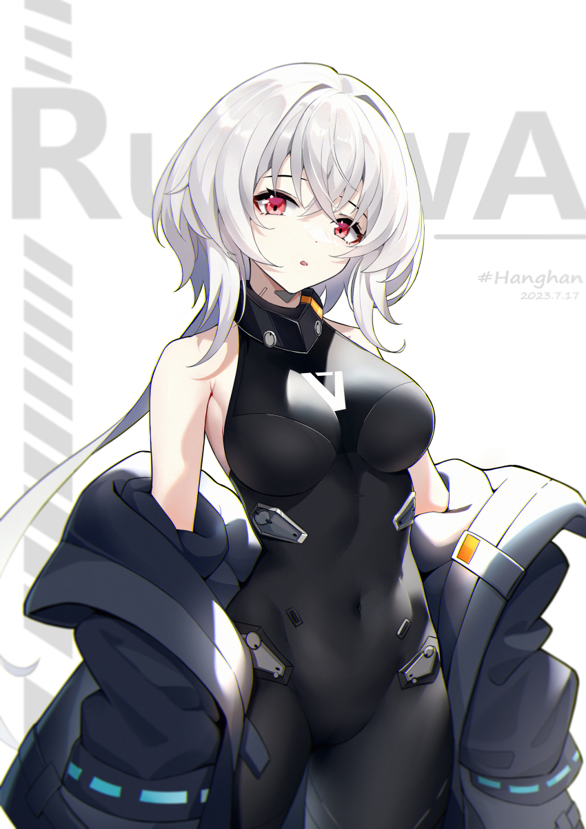 1girl, :o, absurdres, artist_name, bare_shoulders, black_bodysuit, black_jacket, bodysuit, breasts, covered_navel, cowboy_shot, crossed_bangs, dated, hair_between_eyes, hanghan, highres, jacket, jacket_partially_removed, large_breasts, long_hair, looking_at_viewer, noir_(synduality), open_mouth, red_eyes, skin_tight, solo, standing, synduality, synduality_noir, white_hair