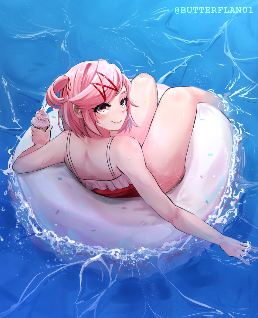1girl, absurdres, afloat, artist_name, bare_shoulders, blush, butterflan01, closed_mouth, commentary, cupcake, doki_doki_literature_club, donut_innertube, eyelashes, food, from_above, from_behind, full_body, hair_ornament, hair_ribbon, highres, holding, holding_food, innertube, looking_at_viewer, looking_back, looking_up, natsuki_(doki_doki_literature_club), on_innertube, one-piece_swimsuit, partially_submerged, pink_eyes, pink_hair, red_one-piece_swimsuit, red_ribbon, ribbon, romaji_commentary, short_hair, sitting, smile, soaking_feet, soaking_hands, solo, sprinkles, swept_bangs, swim_ring, swimsuit, twitter_username, two_side_up, water, waves, x_hair_ornament