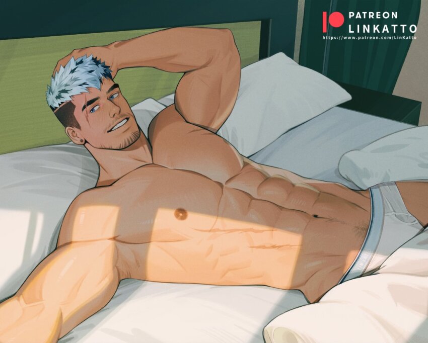 1boy, abs, asymmetrical_hair, bara, bed, facial_hair, goatee_stubble, katto8452, large_pectorals, lying, male_focus, male_underwear, muscular, muscular_male, mustache_stubble, navel, nipples, on_back, on_bed, original, patreon_username, pectorals, short_hair, sidecut, smile, solo, stubble, teeth, undercut, underwear, white_hair, white_male_underwear