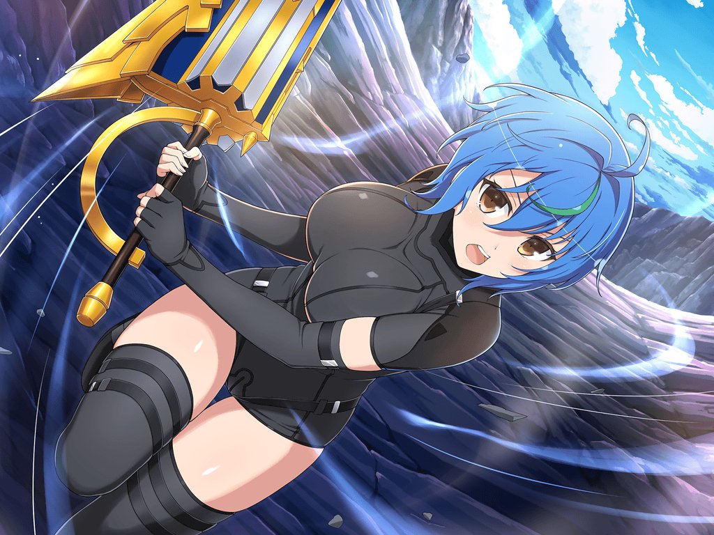 1girl, ahoge, arm_belt, belt, black_bodysuit, black_gloves, black_thighhighs, blue_hair