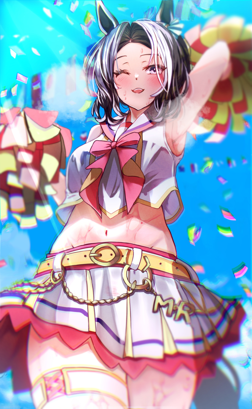 1girl, animal_ears, armpits, black_hair, blurry, blurry_background, blush, cheerleader