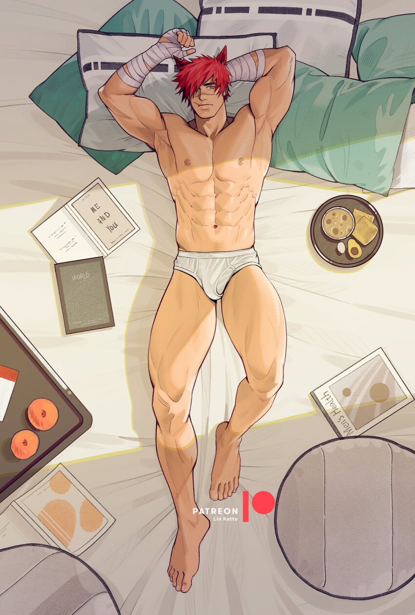 1boy, abs, absurdres, bandaged_hand, bandages, bara, bed, book