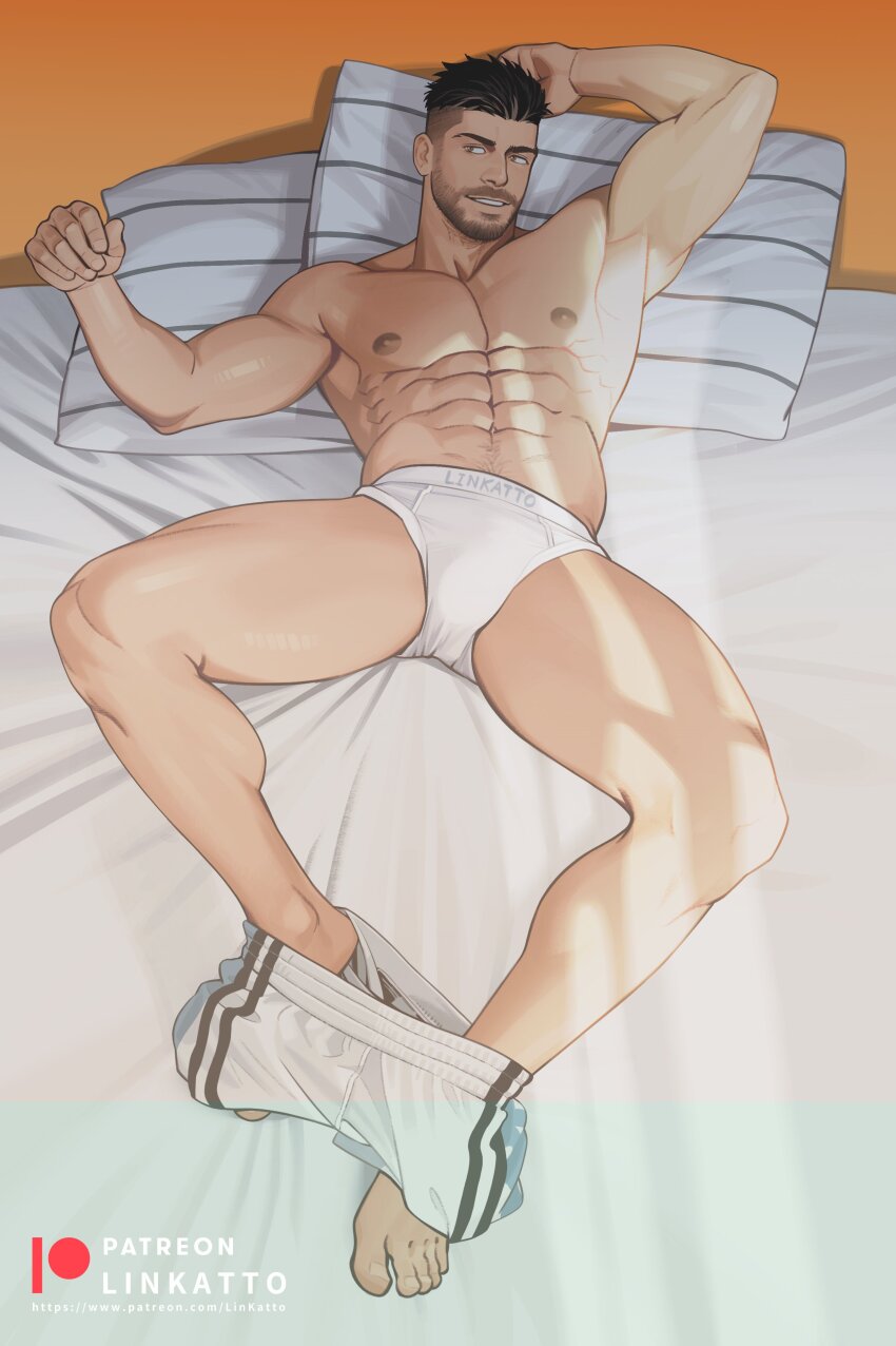 1boy, abs, absurdres, artist_name, asymmetrical_hair, bara, bed, black_hair
