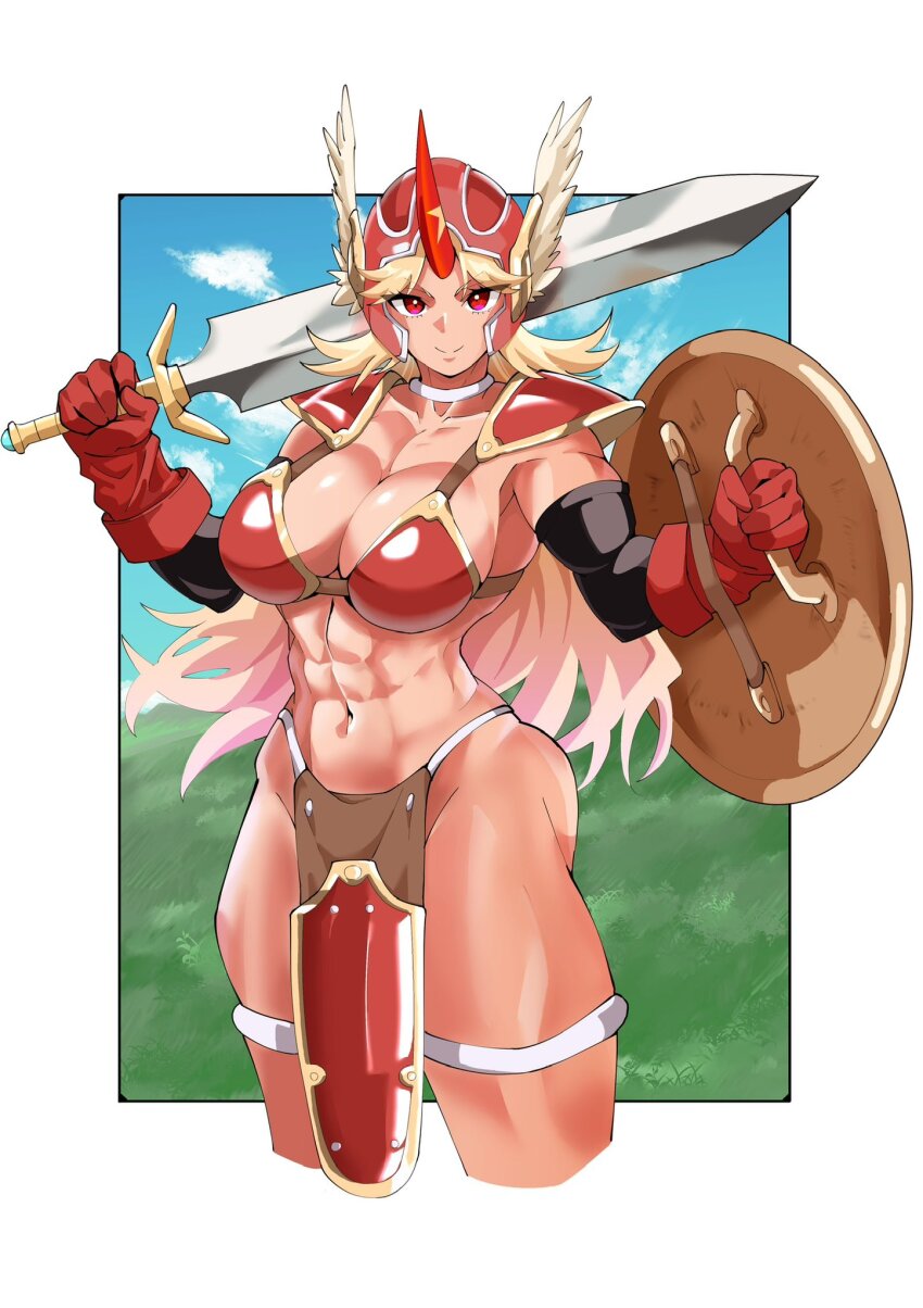 1girl, armor, ass, bikini, bikini_armor, blonde_hair, breasts, cleavage