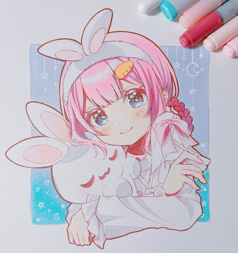 1girl, animal_ears, art_tools_in_frame, blue_eyes, blush, border, braid, carrot_hair_ornament