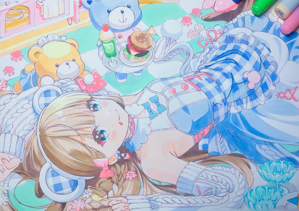 1girl, animal_ears, apron, armpit_peek, arms_up, art_tools_in_frame, bare_shoulders, bear, bear_ears, blonde_hair, blue_apron, blue_dress, blue_eyes, blush_stickers, braid, breasts, burger, cable_knit, closed_mouth, cowboy_shot, detached_sleeves, dot_nose, dress, facial_mark, fake_animal_ears, food, frilled_apron, frills, from_above, grey_sleeves, holding, holding_tray, idoly_pride, long_bangs, long_sleeves, looking_at_viewer, lying, marker_(medium), milkshake, narumiya_suzu, on_back, personification, plaid_apron, plaid_clothes, plate, sakuranoron, sidelocks, sleeveless, sleeveless_dress, small_breasts, smile, solo, traditional_media, tray, waist_apron