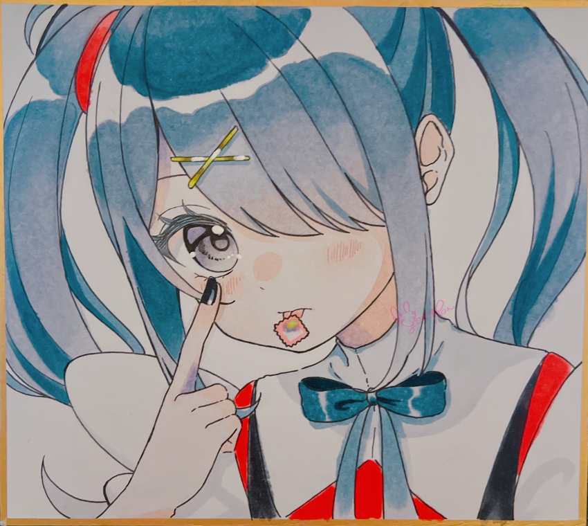 1girl, absurdres, akanbe, ame-chan_(needy_girl_overdose), black_eyes, black_hair, black_nails, black_ribbon, close-up, dress, eyelid_pull, finger_to_eye, hair_ornament, hair_over_one_eye, hand_up, highres, index_finger_raised, long_hair, nail_polish, neck_ribbon, needy_girl_overdose, one_eye_covered, parted_bangs, pinafore_dress, portrait, red_dress, ribbon, sakuranoron, shikishi, shirt, short_twintails, sidelocks, sleeveless, sleeveless_dress, solo, tongue, tongue_out, twintails, white_shirt, x_hair_ornament
