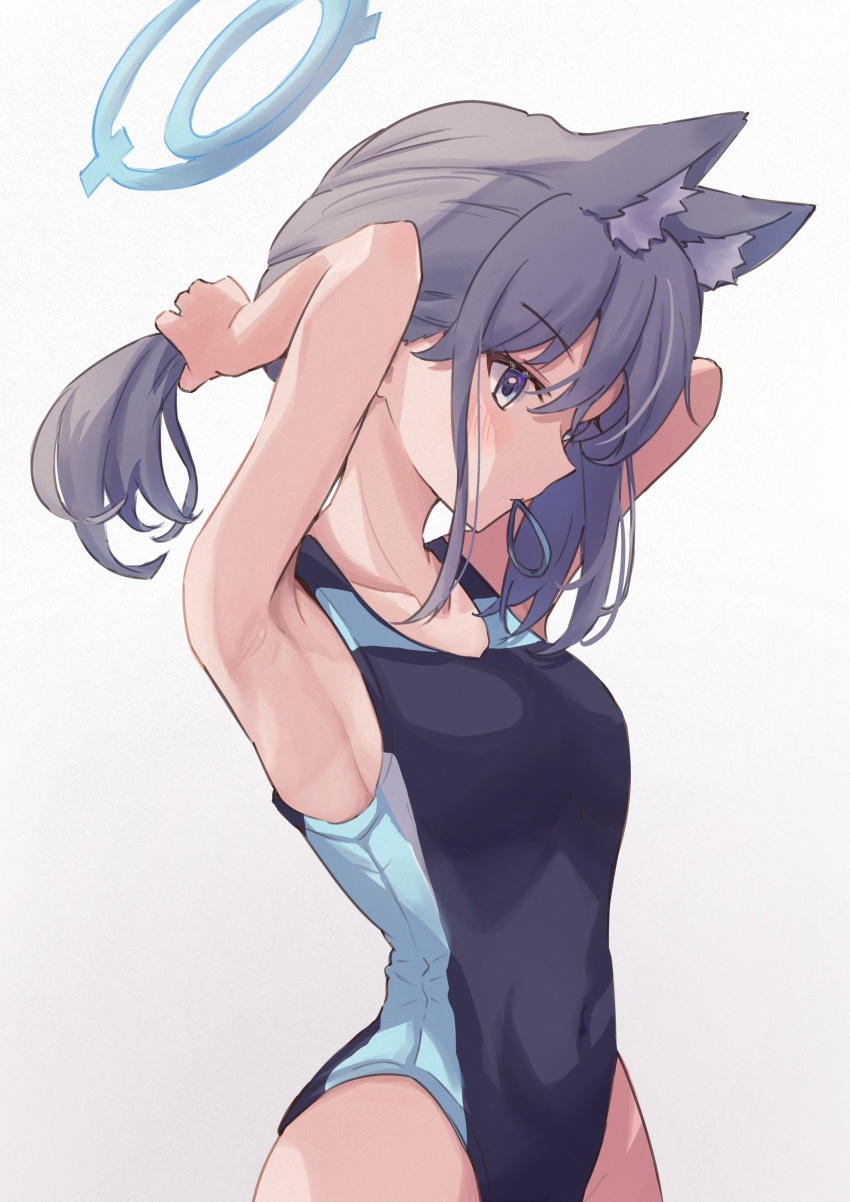 1girl, absurdres, adjusting_hair, animal_ear_fluff, animal_ears, armpits, arms_up, black_one-piece_swimsuit