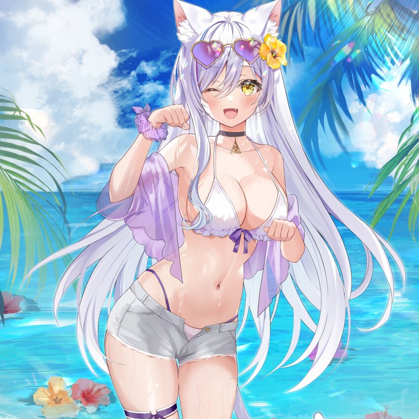 1girl, ;d, absurdres, animal_ear_fluff, animal_ears, armpits, bare_shoulders, bikini