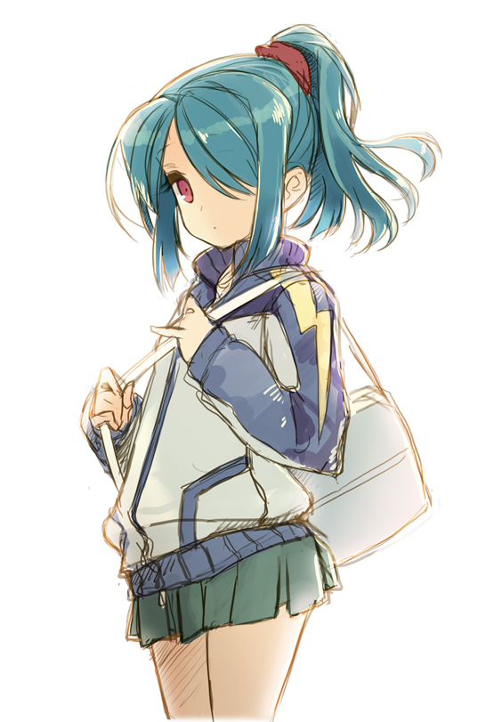1boy, bad_id, bad_pixiv_id, bag, blue_hair, crossdressing, crossdressing_(mtf), hair_over_one_eye, halogen_(canal00), inazuma_eleven, inazuma_eleven_(series), jacket, kazemaru_ichirouta, long_hair, male_focus, ponytail, red_eyes, skirt, solo, trap