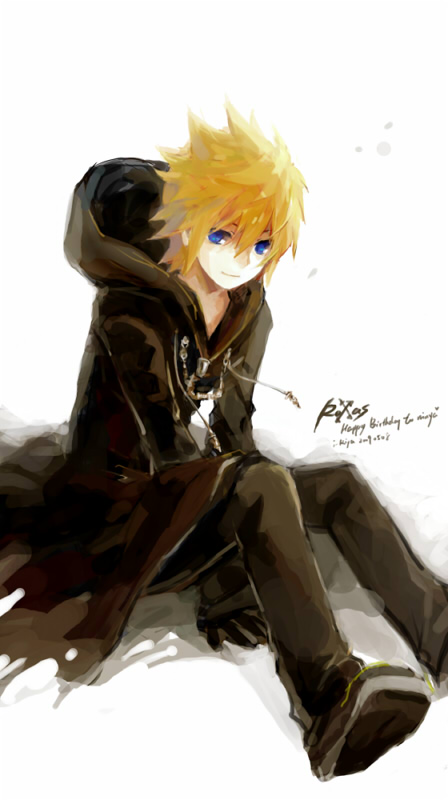 1boy, bad_id, bad_pixiv_id, black_coat_(kingdom_hearts), blonde_hair, blue_eyes, hood, hoodie