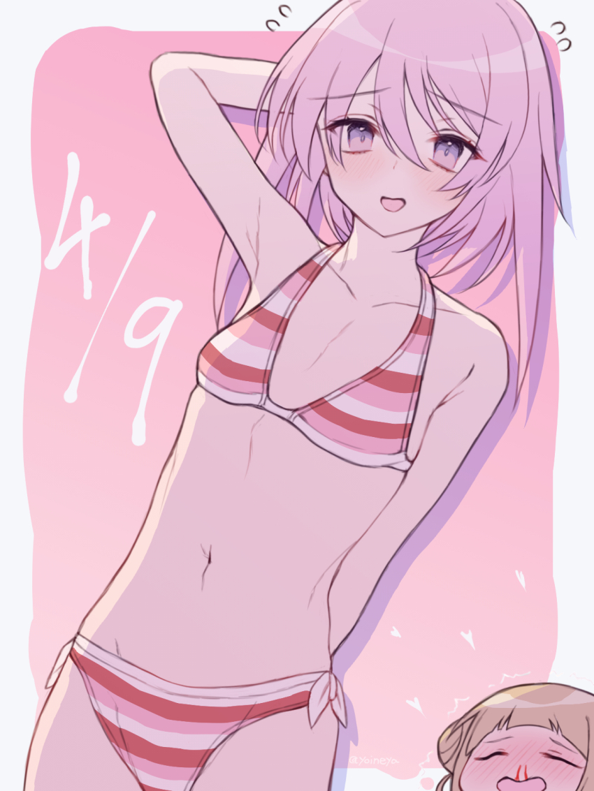 2girls, alice_gear_aegis, armpits, arms_up, bare_shoulders, bikini, blonde_hair, blood, blush, breasts, cleavage, closed_eyes, collarbone, cowboy_shot, front-tie_top, groin, hair_between_eyes, halterneck, highres, hirasaka_yotsuyu, looking_at_viewer, medium_breasts, multiple_girls, navel, nosebleed, open_mouth, pink_hair, purple_eyes, purple_hair, red_bikini, simple_background, small_breasts, smile, standing, stomach, string_bikini, striped_bikini, striped_clothes, swimsuit, takahata_nodoka, yoineya