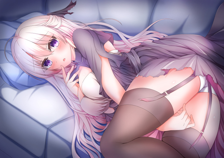 1girl, absurdres, ahoge, ayachi_nene, between_legs, black_dress, black_ribbon, black_thighhighs